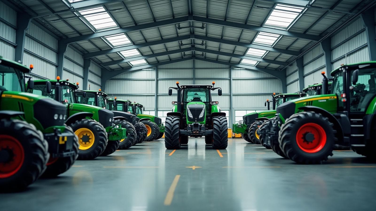 Professional farming equipment service center with modern tractors