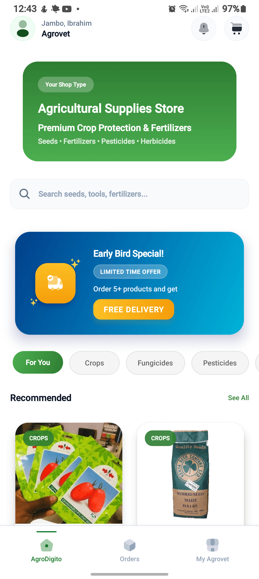 Agrovet mobile app — shop home, search, categories, and recommended products